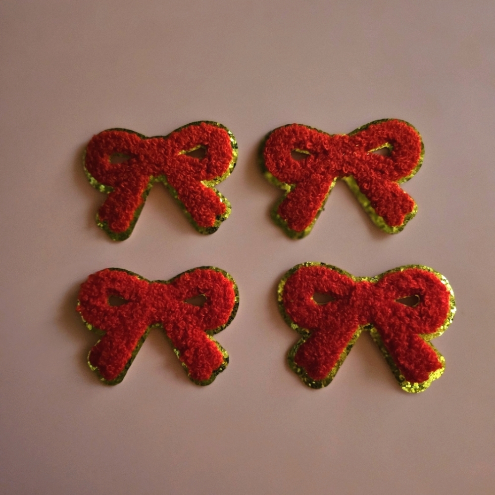 Valentine's Red Bow Glitter Trim Iron Patches (4 pieces included)
